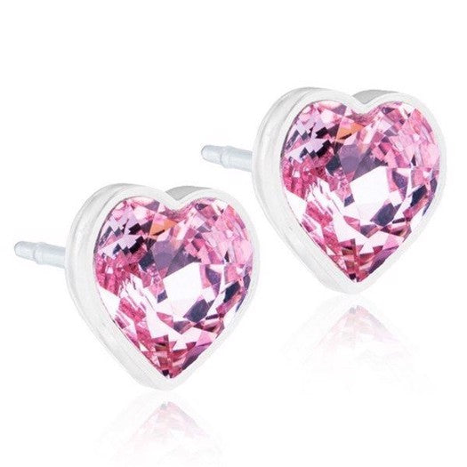Blomdahl Heart Light Rose øreringe i medicinsk plastik med lyserød zirkonia, hjerteformede, Ø6 mm.